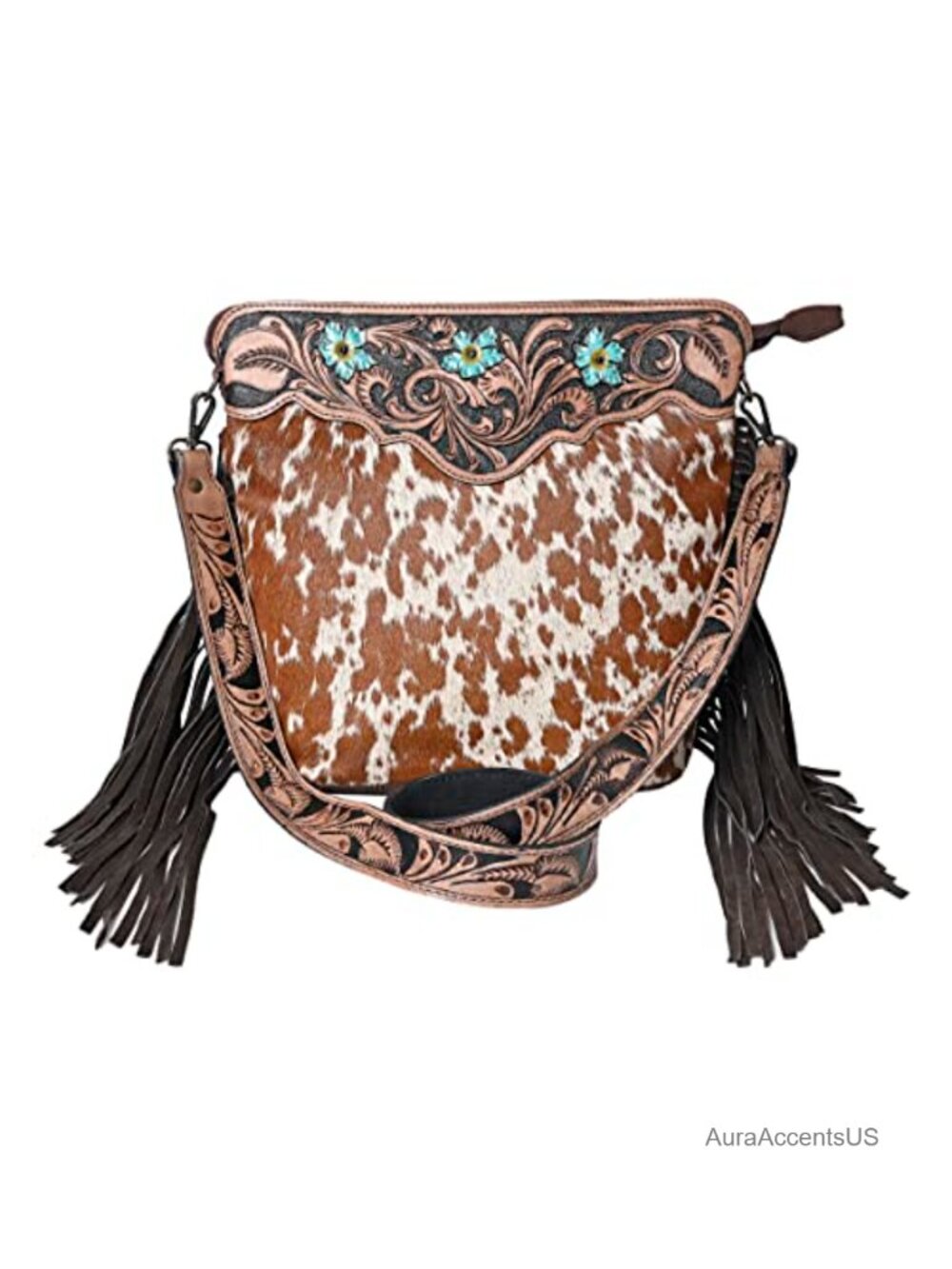 Genuine Cowhide Hairon Leather Floral Printed Crossbody Bag Handcrafted